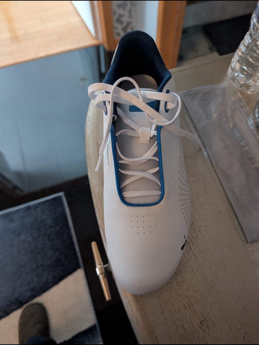 White Sneaker with Blue Trim and Lace-Up Design